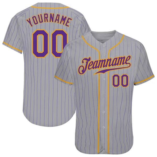 Custom Gray Purple Pinstripe Baseball Jersey with Purple-Gold