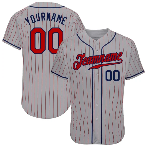 Custom Gray Pinstripe Baseball Jersey with Red-Navy