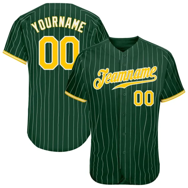 Custom Green Pinstripe Baseball Jersey with Gold-White