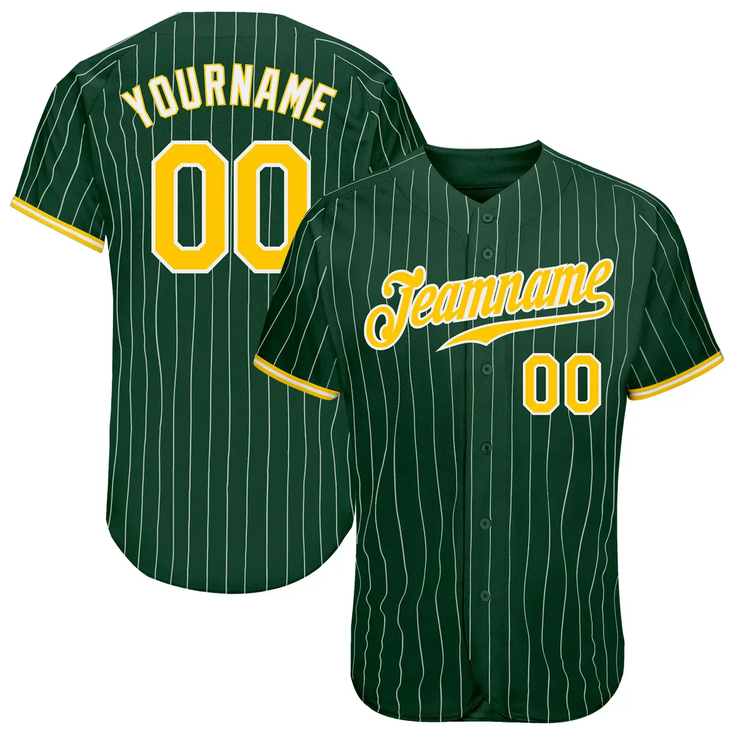 Custom Green Pinstripe Baseball Jersey with Gold-White