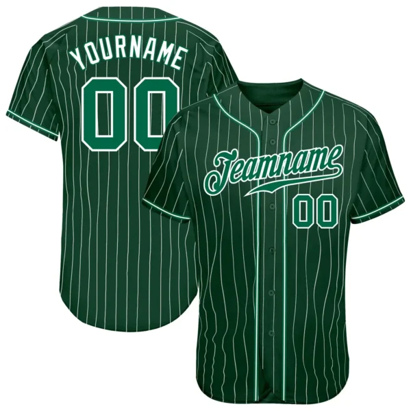 Custom Green Pinstripe Baseball Jersey with Green-White