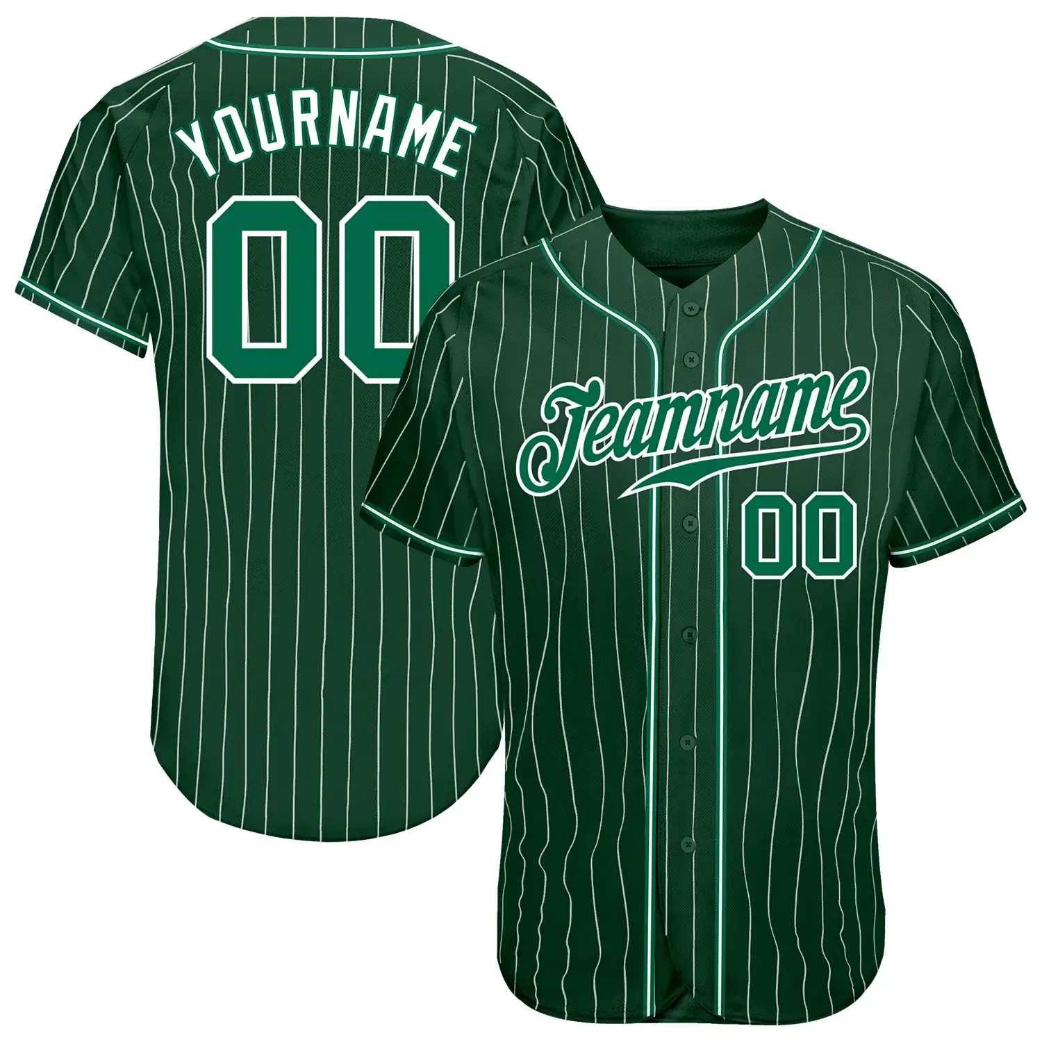 Custom Green Pinstripe Baseball Jersey with Green-White