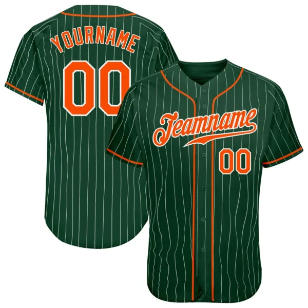 Custom Green Pinstripe Baseball Jersey with Orange-White