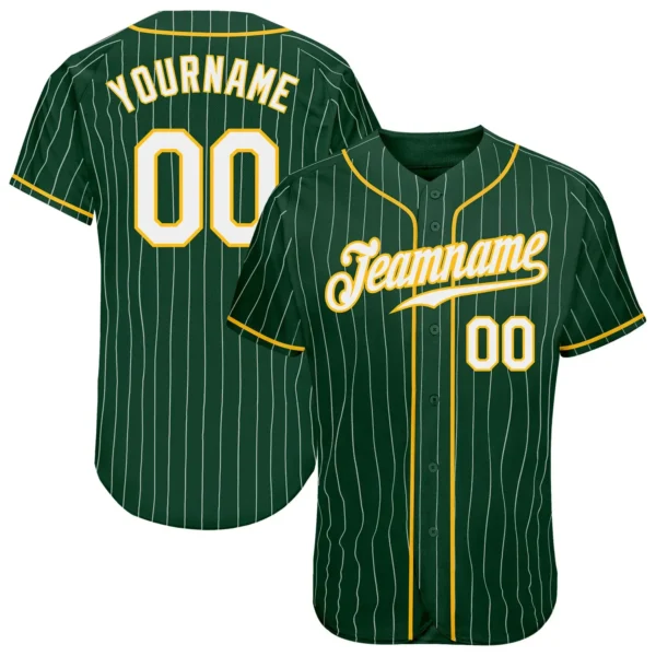 Custom Green Pinstripe Baseball Jersey with White-Gold