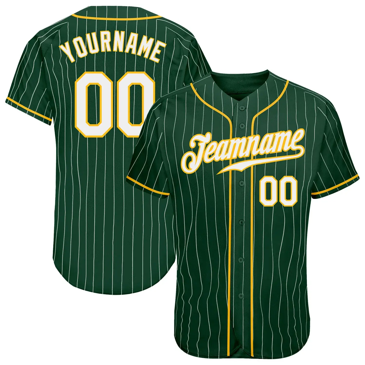 Custom Green Pinstripe Baseball Jersey with White-Gold