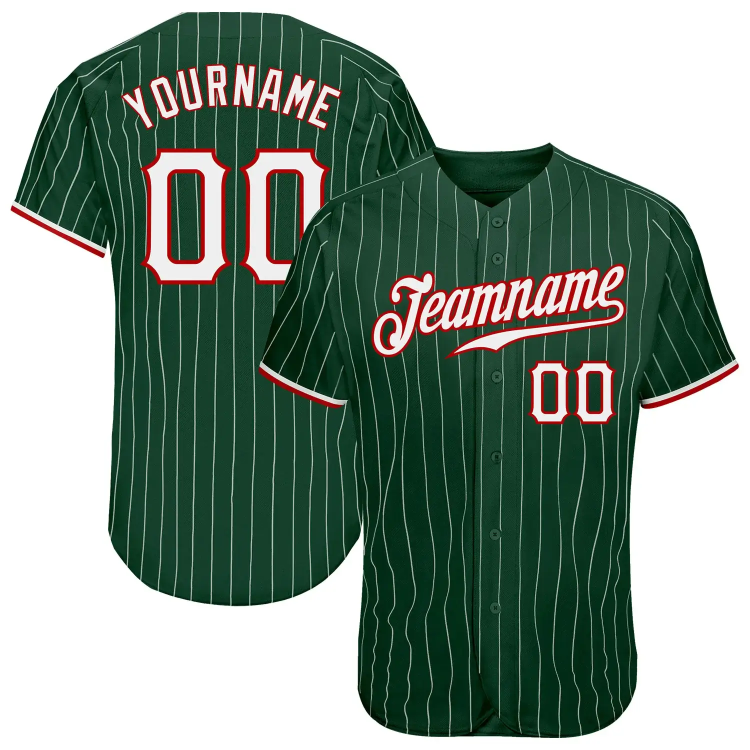 Custom Green Pinstripe Baseball Jersey with White-Red