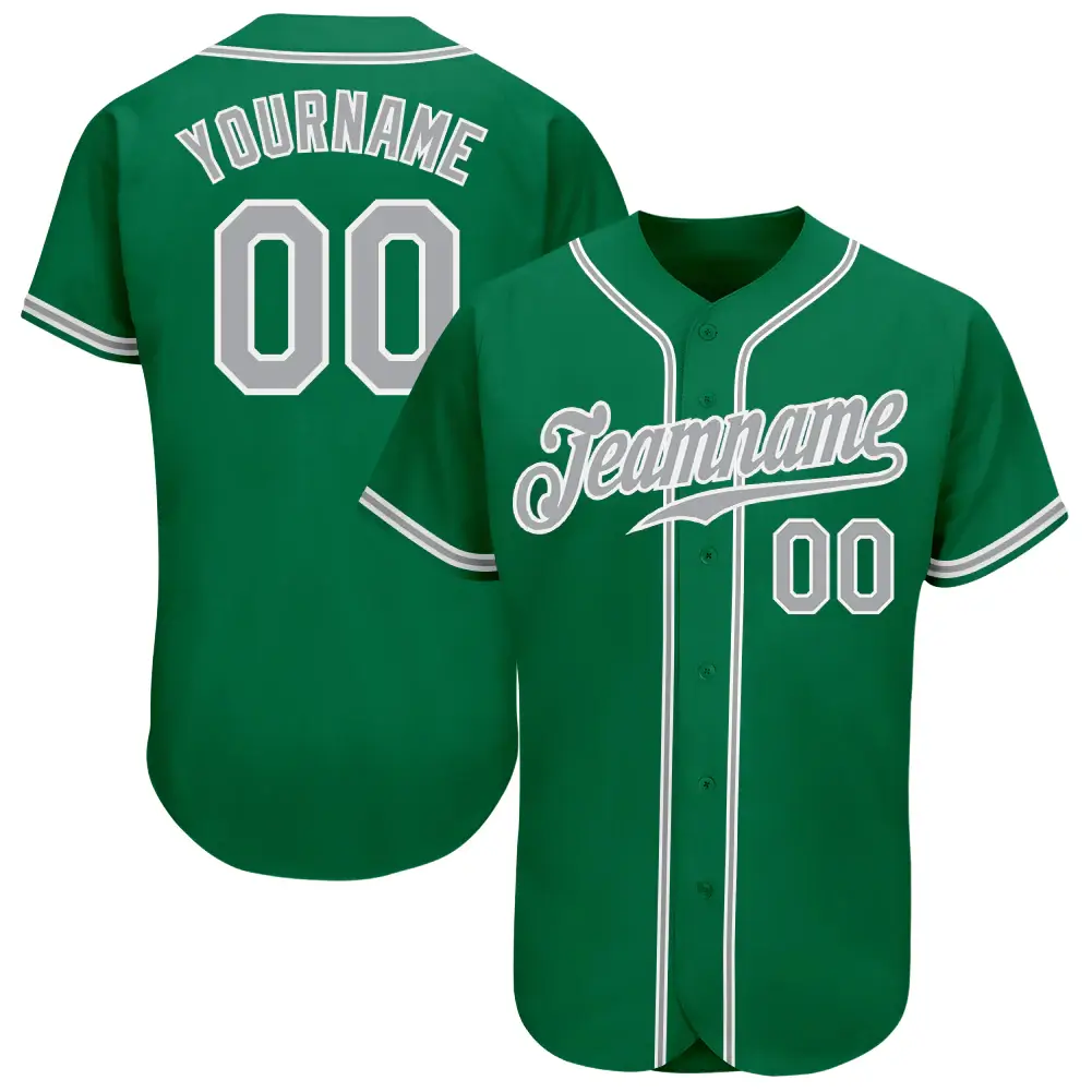 Custom Kelly Green Baseball Jersey with Gray-White