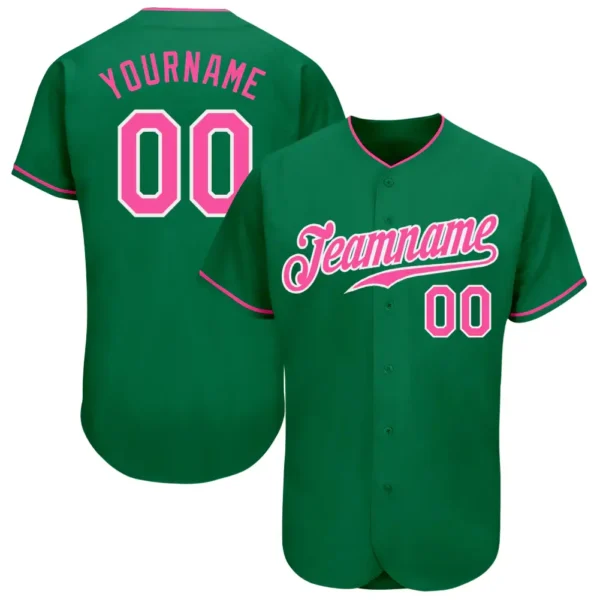 Custom Kelly Green Baseball Jersey with Pink-White