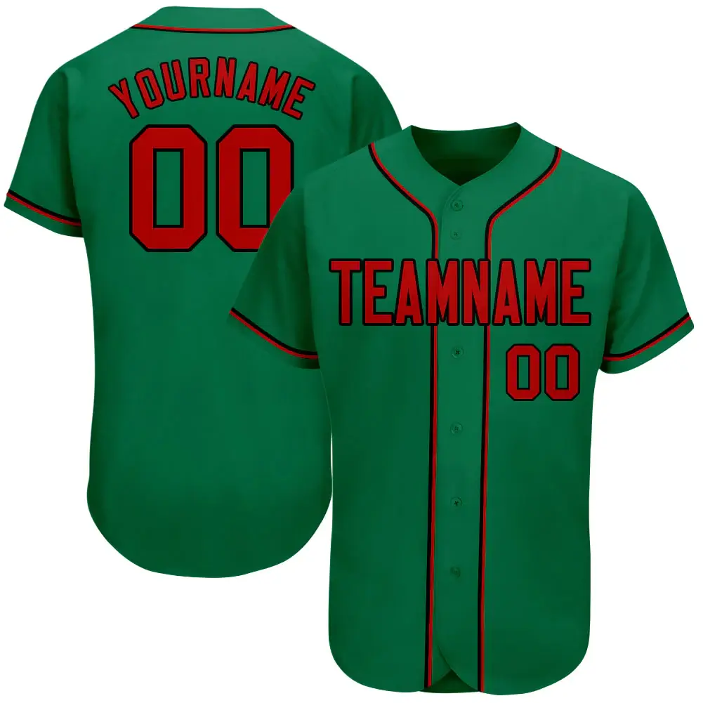 Custom Kelly Green Baseball Jersey with Red-Black