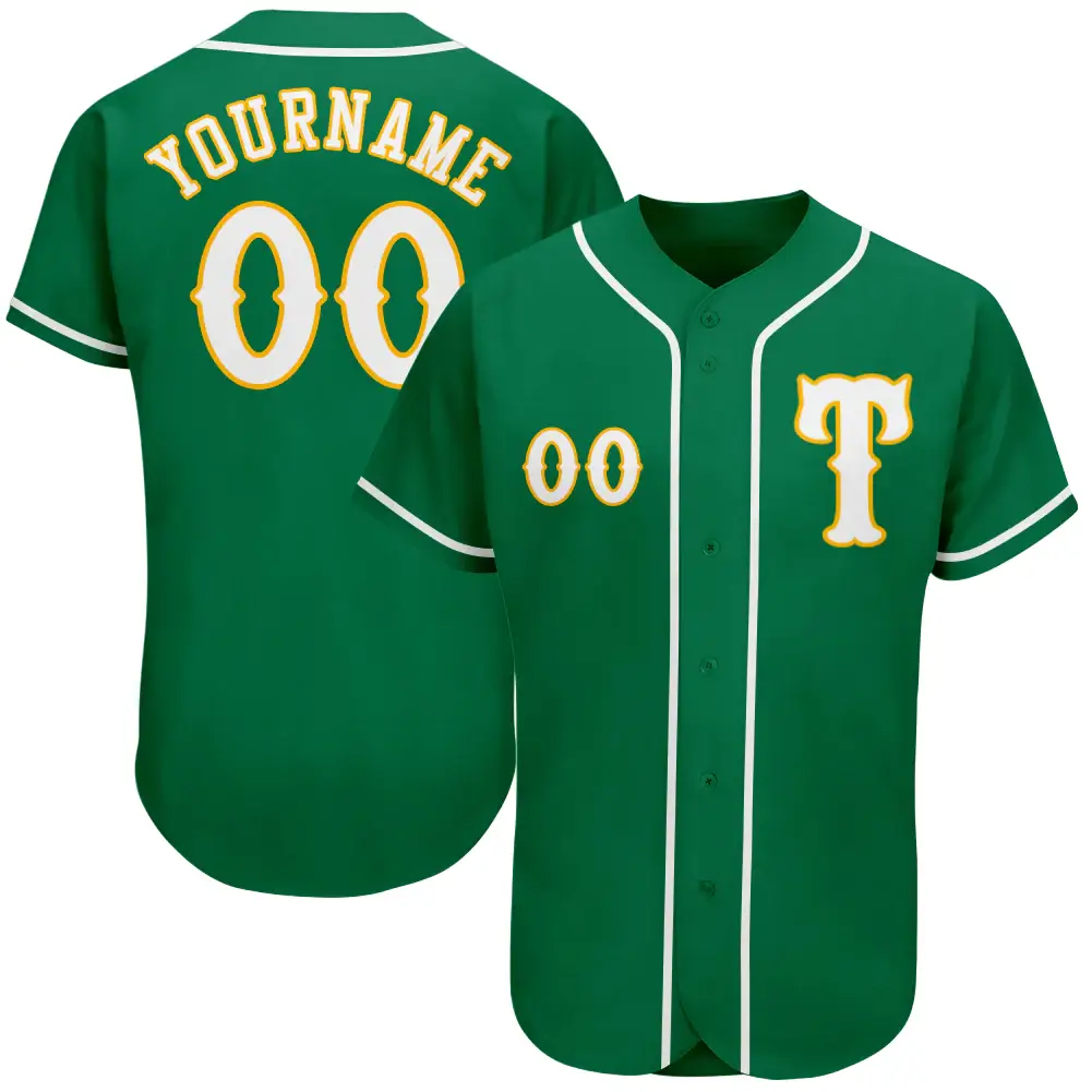 Custom Kelly Green Baseball Jersey with White-Gold