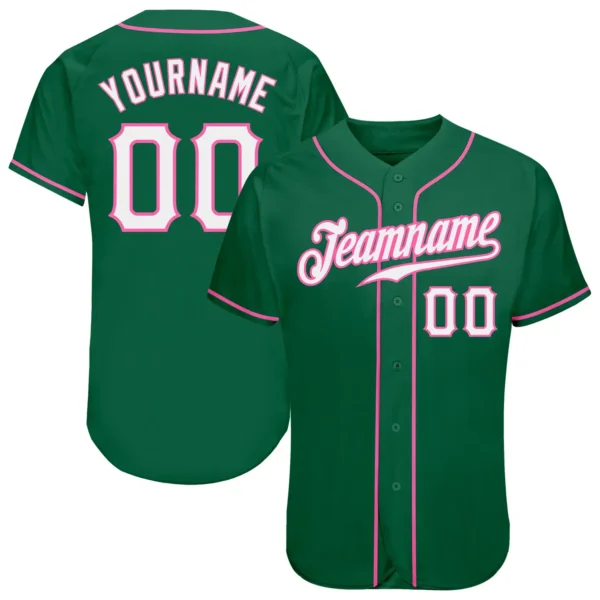 Custom Kelly Green Baseball Jersey with White-Pink