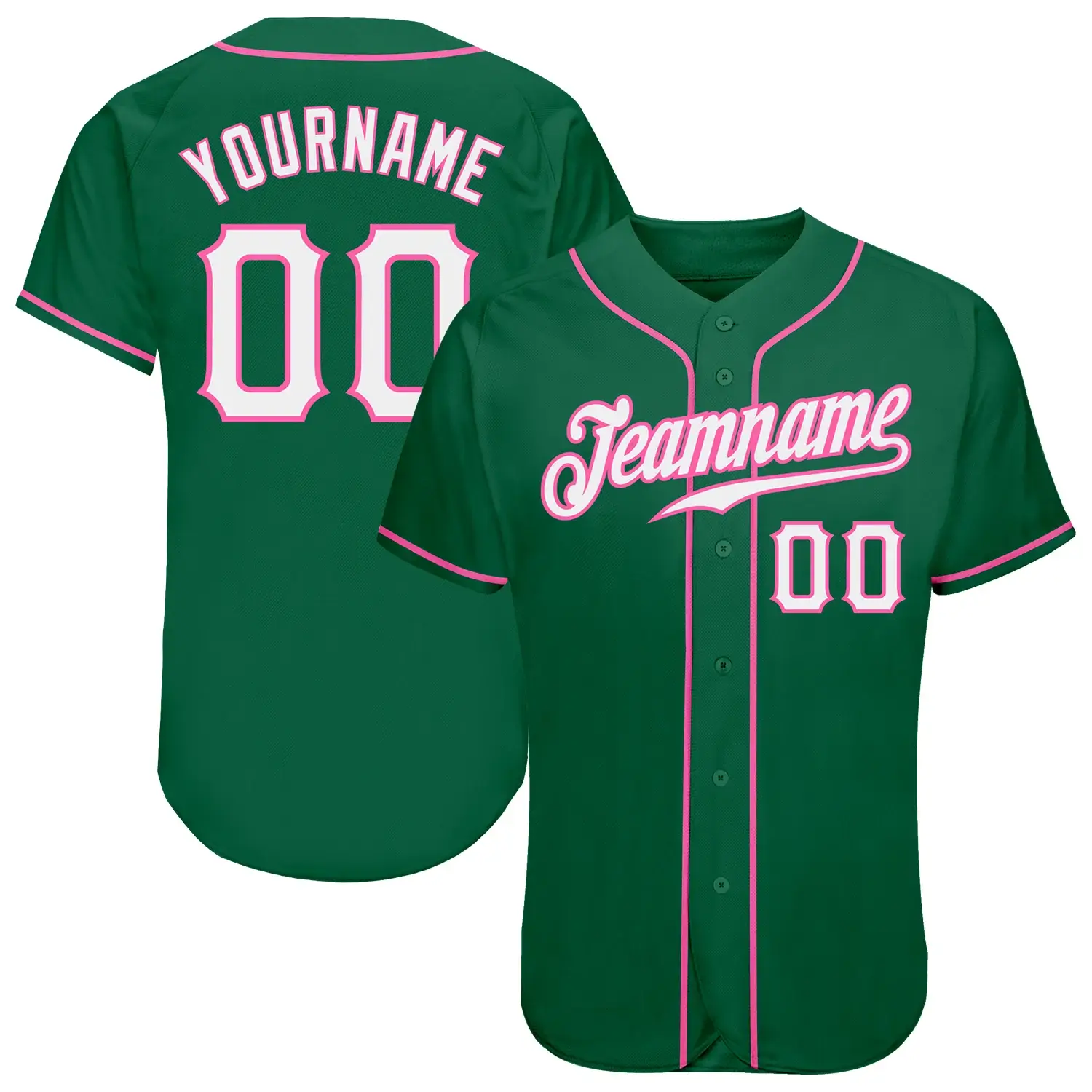 Custom Kelly Green Baseball Jersey with White-Pink