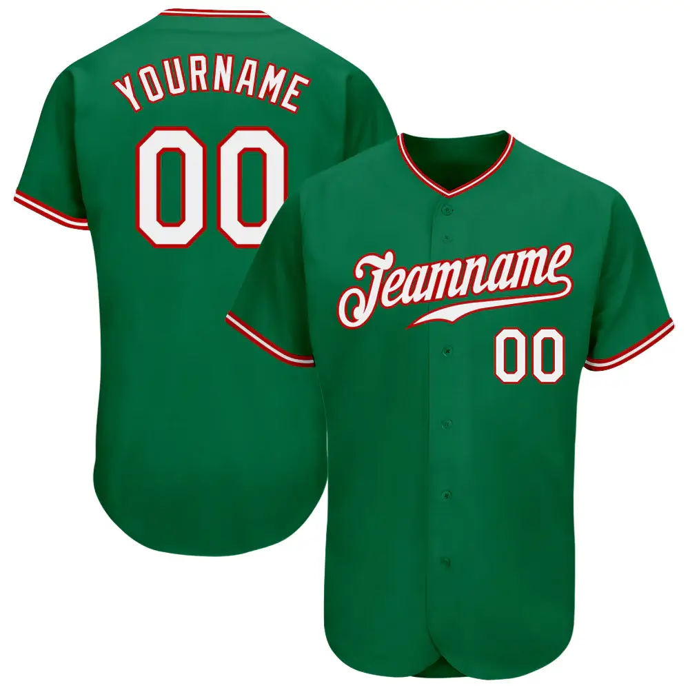 Custom Kelly Green Baseball Jersey with White-Red