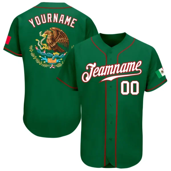Custom Kelly Green Mexican Flag Fashion Baseball Jersey with White-Red