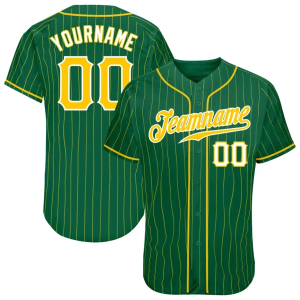 Custom Kelly Green Pinstripe Baseball Jersey with Gold-White