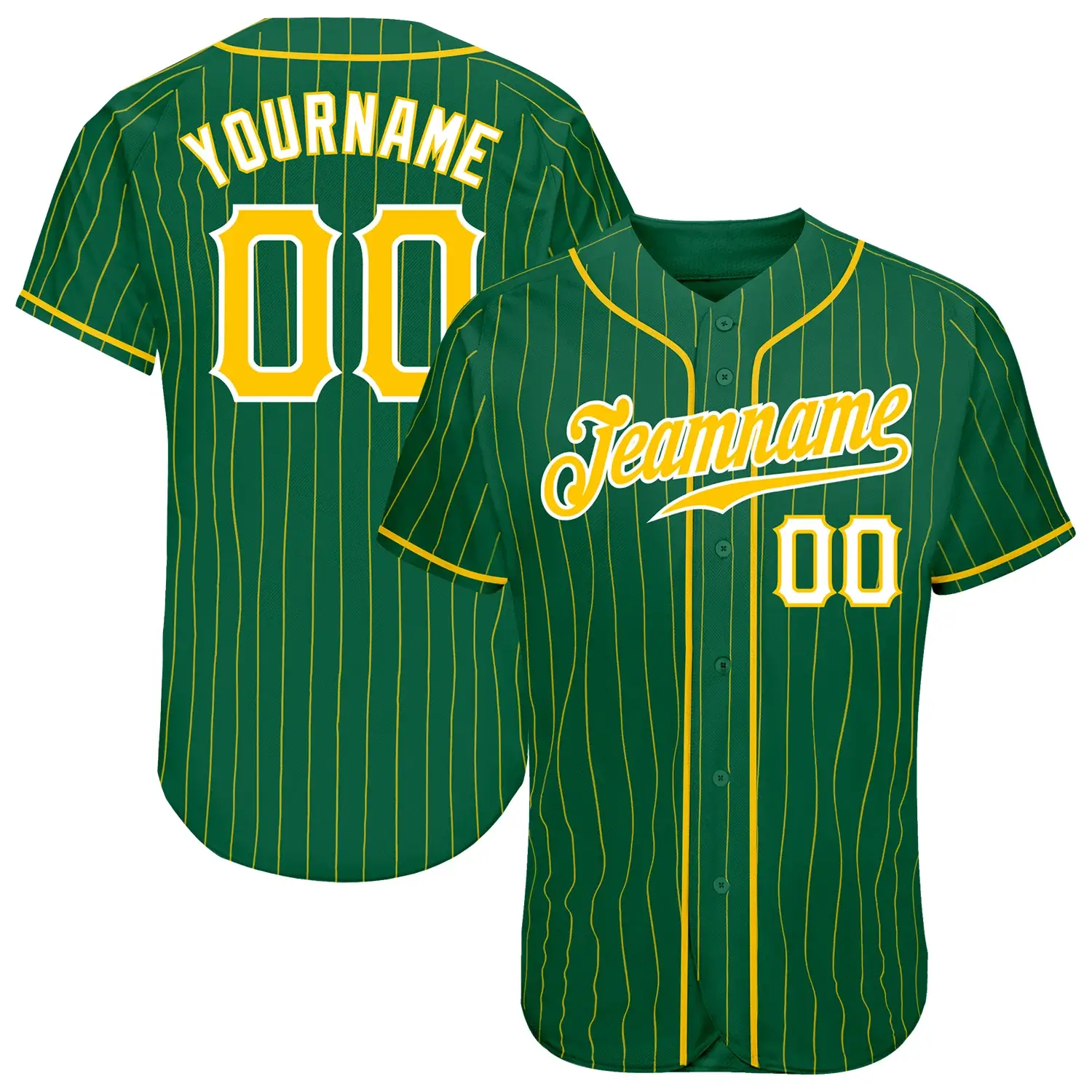 Custom Kelly Green Pinstripe Baseball Jersey with Gold-White