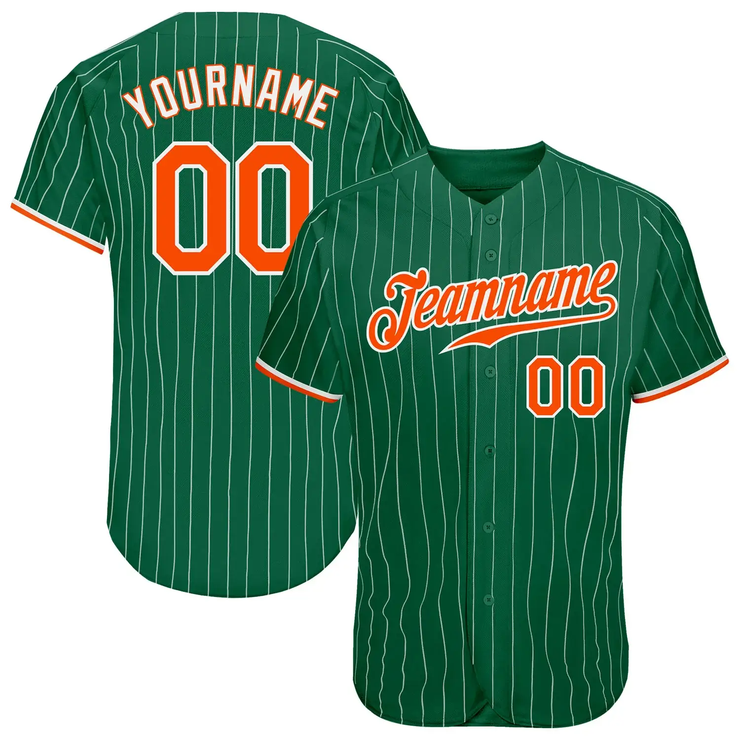 Custom Kelly Green Pinstripe Baseball Jersey with Orange-White