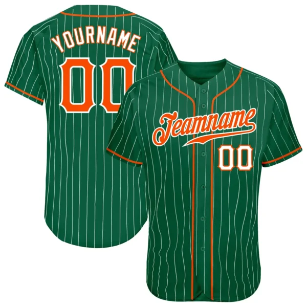 Custom Kelly Green Pinstripe Baseball Jersey with Orange-White