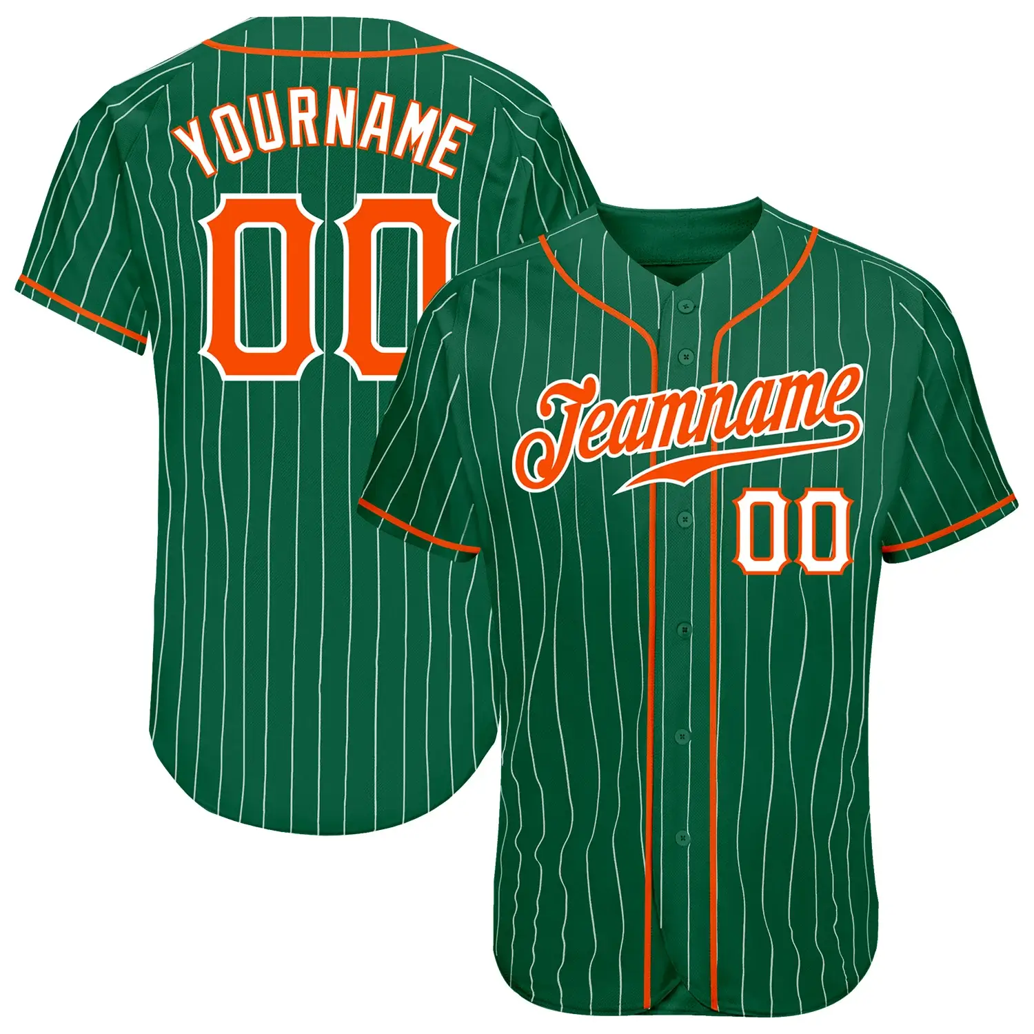 Custom Kelly Green Pinstripe Baseball Jersey with Orange-White