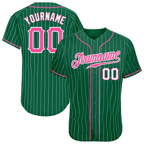 Custom Kelly Green Pinstripe Baseball Jersey with Pink-White
