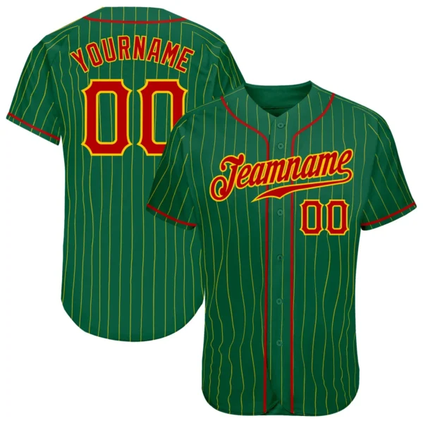 Custom Kelly Green Pinstripe Baseball Jersey with Red-Gold