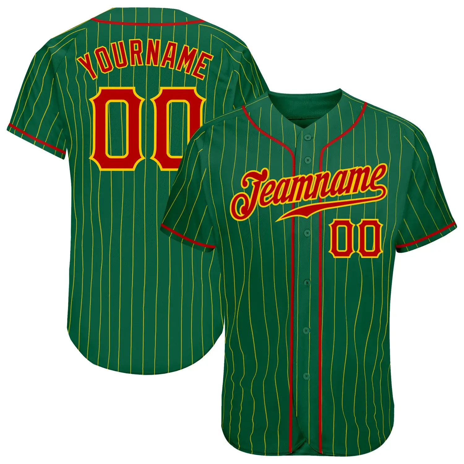 Custom Kelly Green Pinstripe Baseball Jersey with Red-Gold