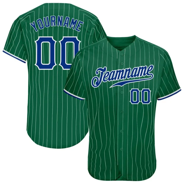 Custom Kelly Green Pinstripe Baseball Jersey with Royal-White