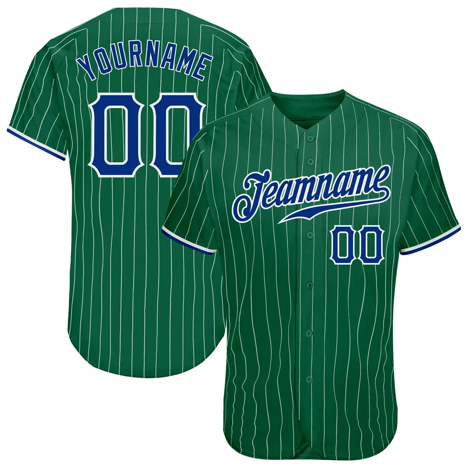 Custom Kelly Green Pinstripe Baseball Jersey with Royal-White