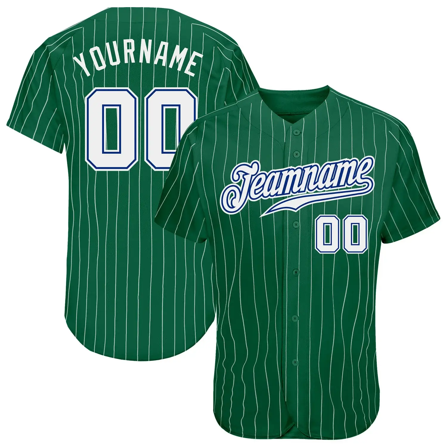 Custom Kelly Green Pinstripe Baseball Jersey with White-Royal