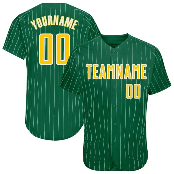 Custom Kelly Green Pinstripe Baseball Jersey with Gold-White