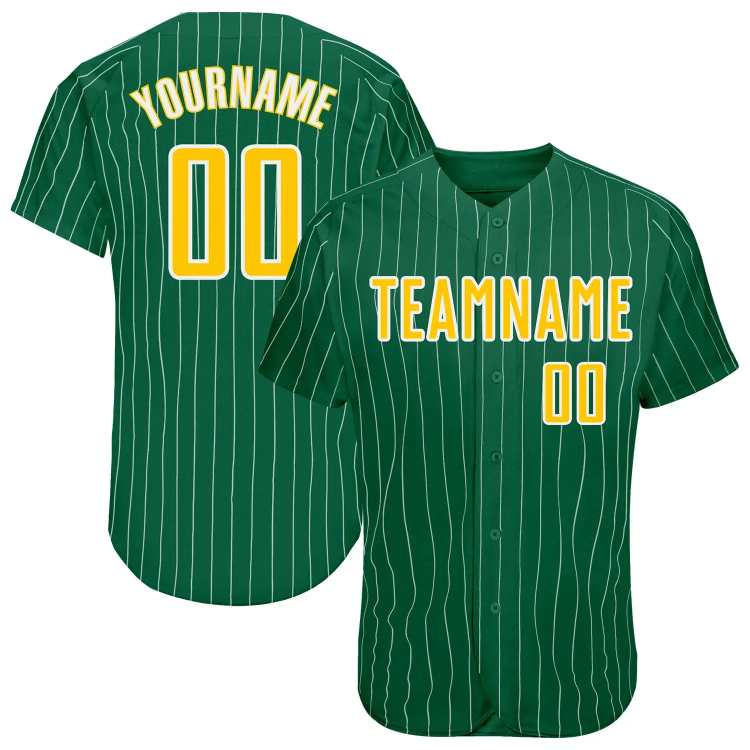 Custom Kelly Green Pinstripe Baseball Jersey with Gold-White
