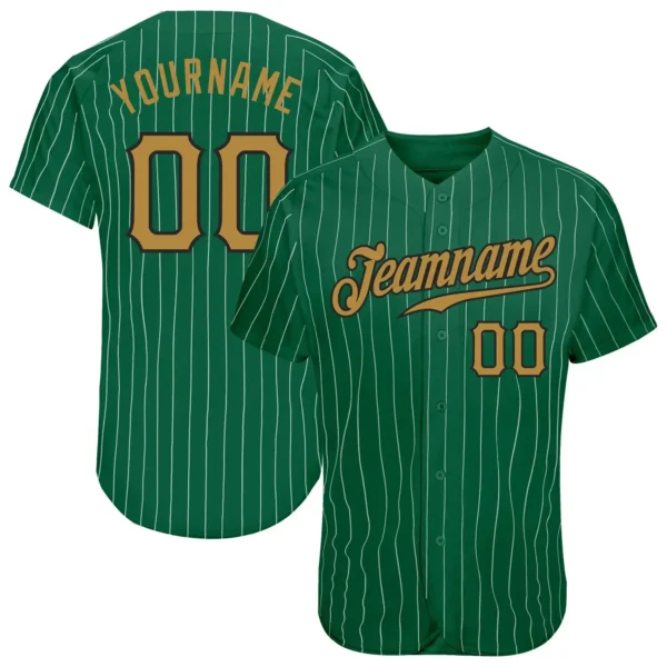 Custom Kelly Green Pinstripe Baseball Jersey with Old Gold-Black