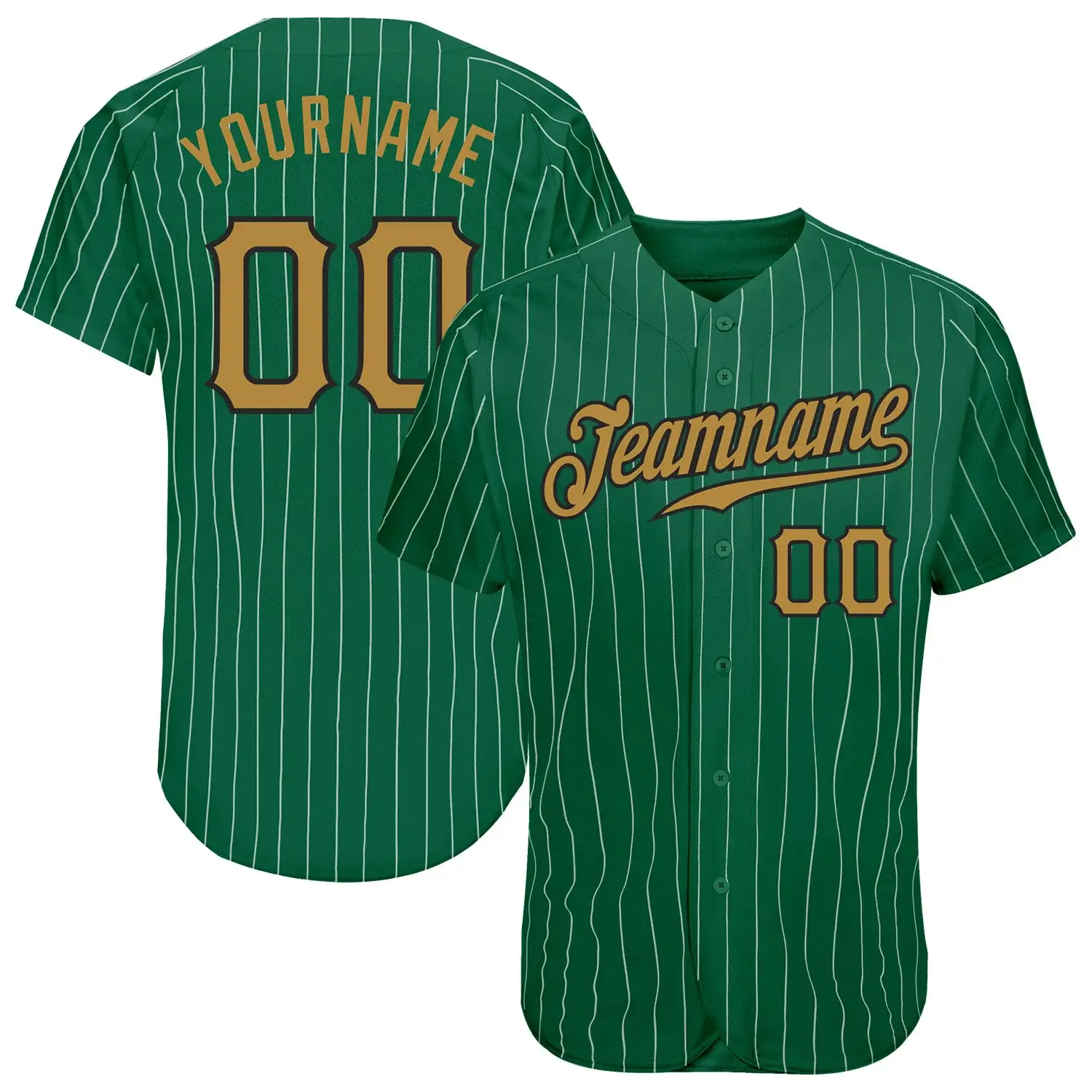 Custom Kelly Green Pinstripe Baseball Jersey with Old Gold-Black