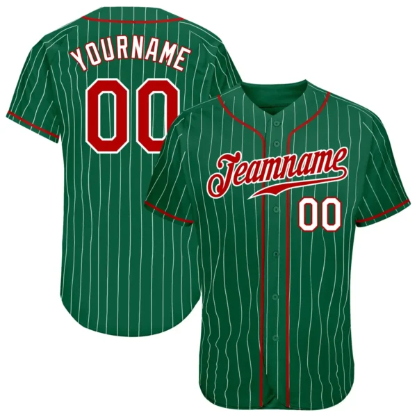 Custom Kelly Green Pinstripe Baseball Jersey with Red-White