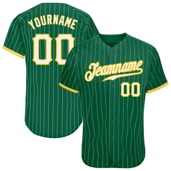 Custom Kelly Green White Pinstripe Baseball Jersey with White-Gold