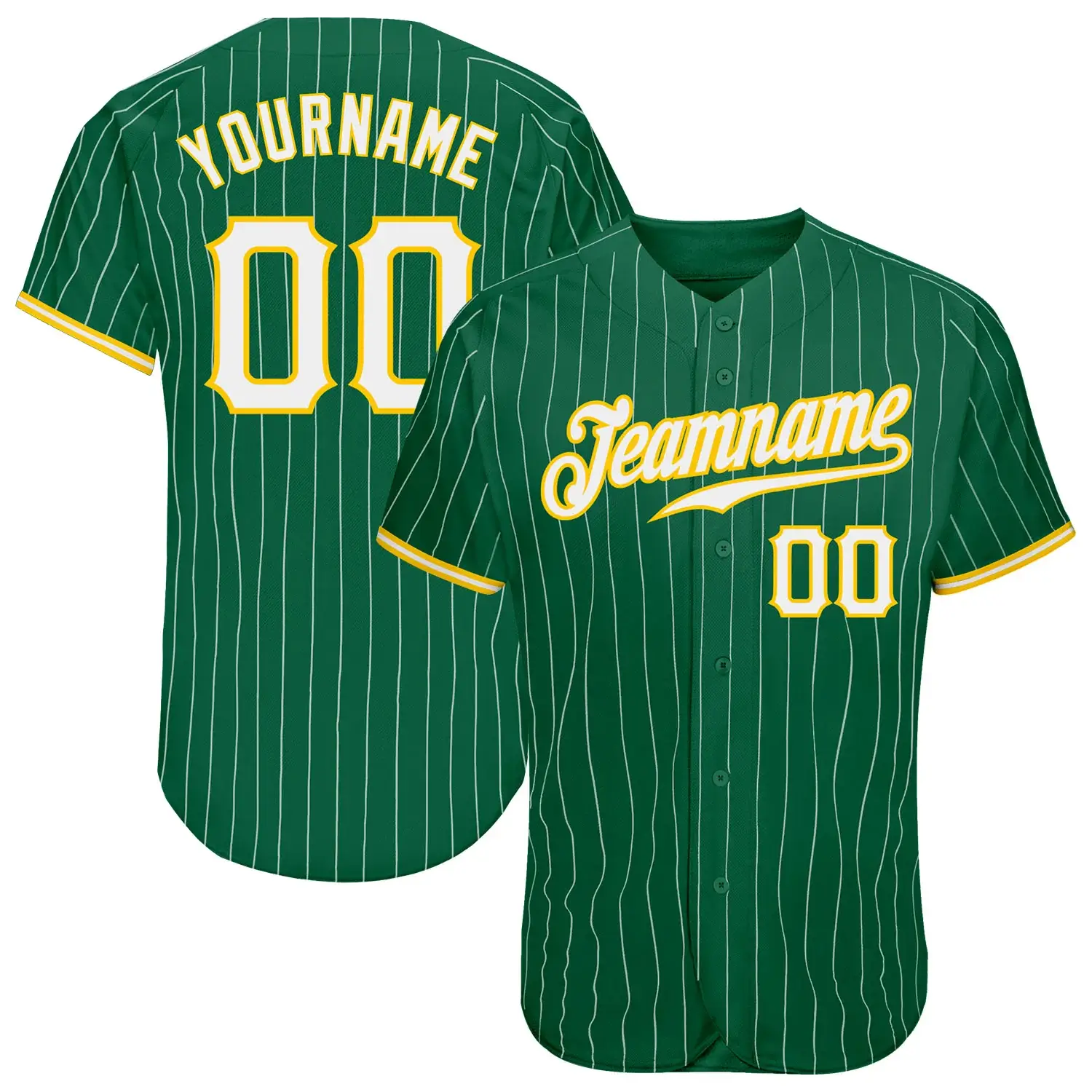 Custom Kelly Green White Pinstripe Baseball Jersey with White-Gold