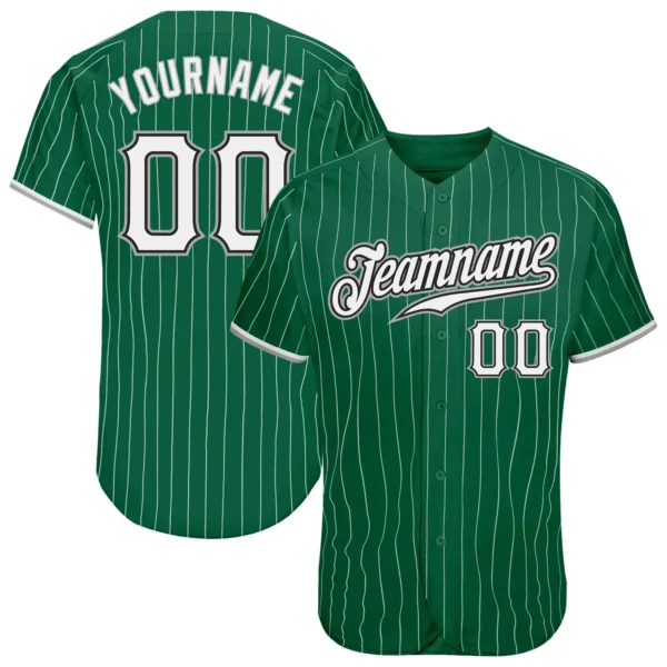 Custom Kelly Green Pinstripe Baseball Jersey with White-Gray