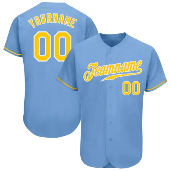 Custom Light Blue Baseball Jersey with Gold-White