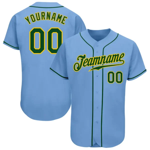Custom Light Blue Baseball Jersey with Green-Gold