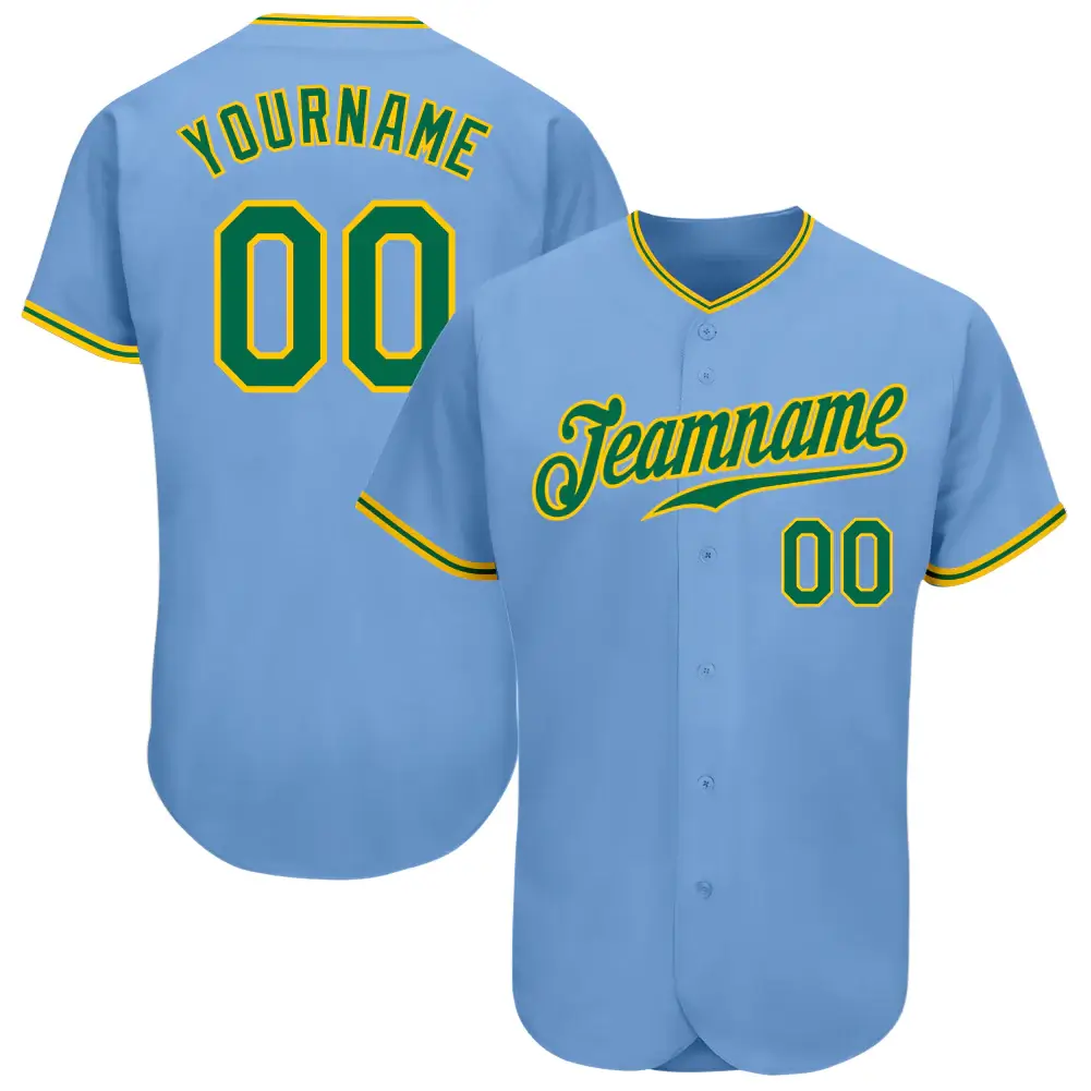 Custom Light Blue Baseball Jersey with Kelly Green-Gold