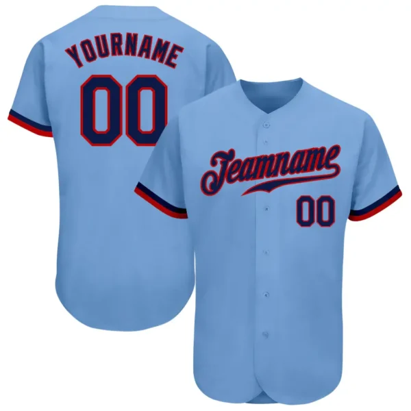 Custom Light Blue Baseball Jersey with Navy-Red
