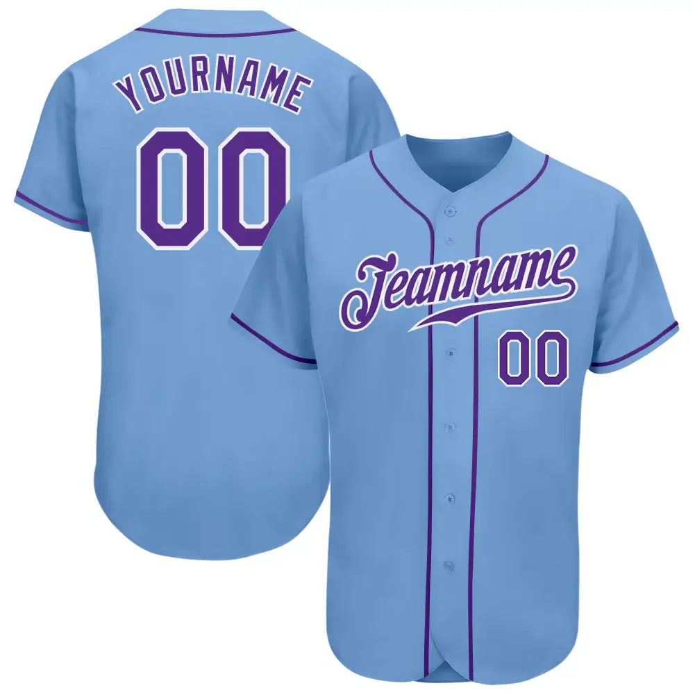 Custom Light Blue Baseball Jersey with Purple-White