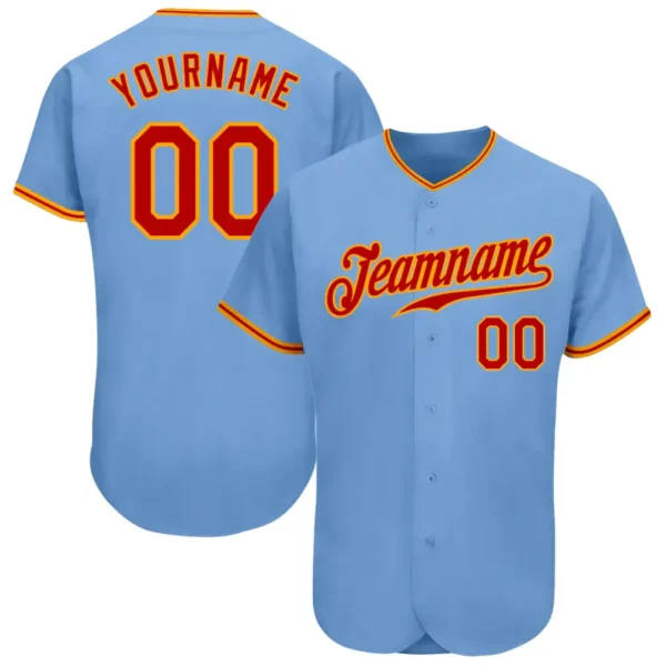 Custom Light Blue Baseball Jersey with Red-Gold