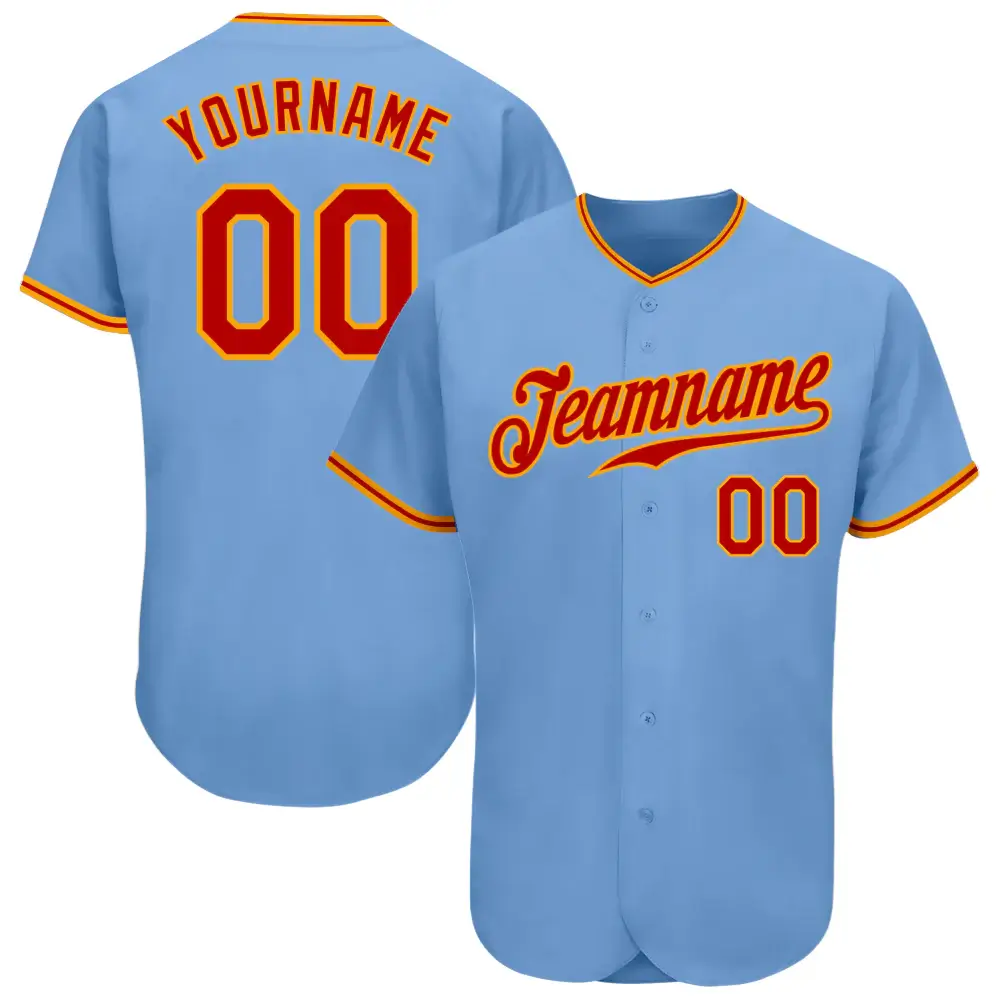 Custom Light Blue Baseball Jersey with Red-Gold