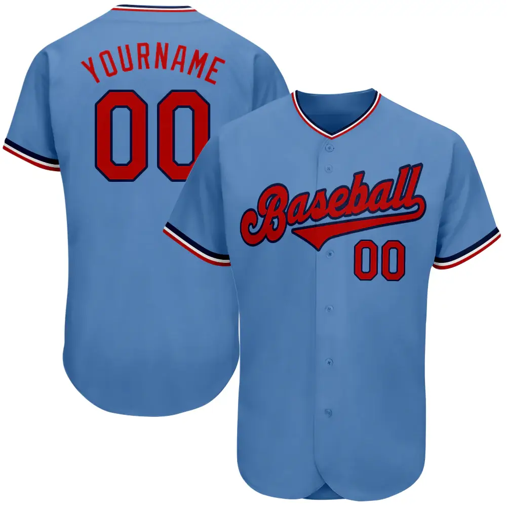Custom Light Blue Baseball Jersey with Red-Navy