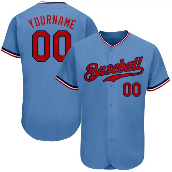 Custom Light Blue Baseball Jersey with Red-Navy