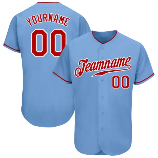 Custom Light Blue Baseball Jersey with Red-White