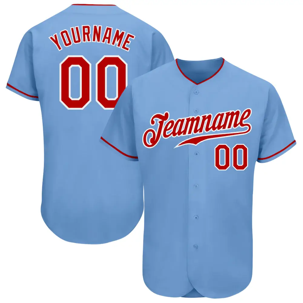 Custom Light Blue Baseball Jersey with Red-White