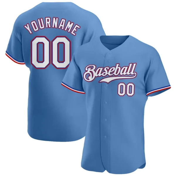 Custom Light Blue Baseball Jersey with White-Red