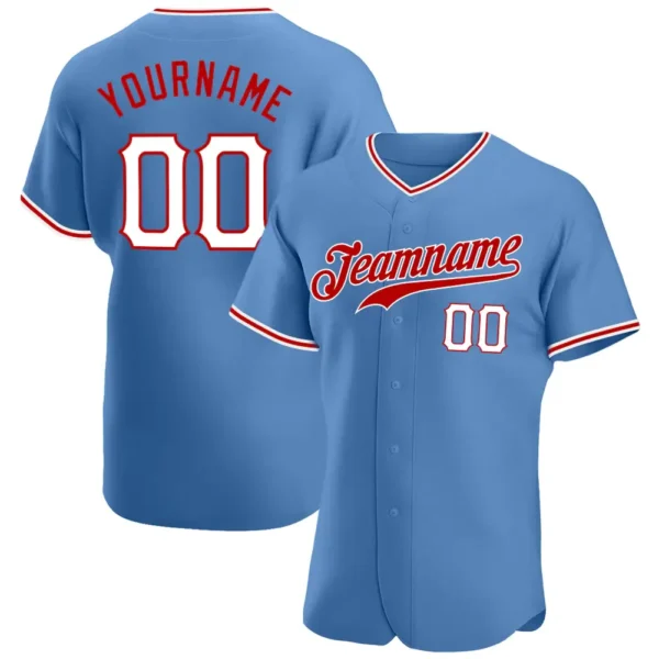 Custom Light Blue Baseball Jersey with White-Red